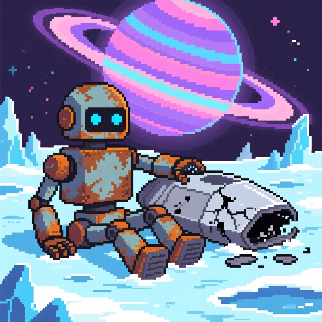 A rusty robot explorer resting beside a crashed but harmless spacecraft, on a frozen moon under a ringed planet's glow.