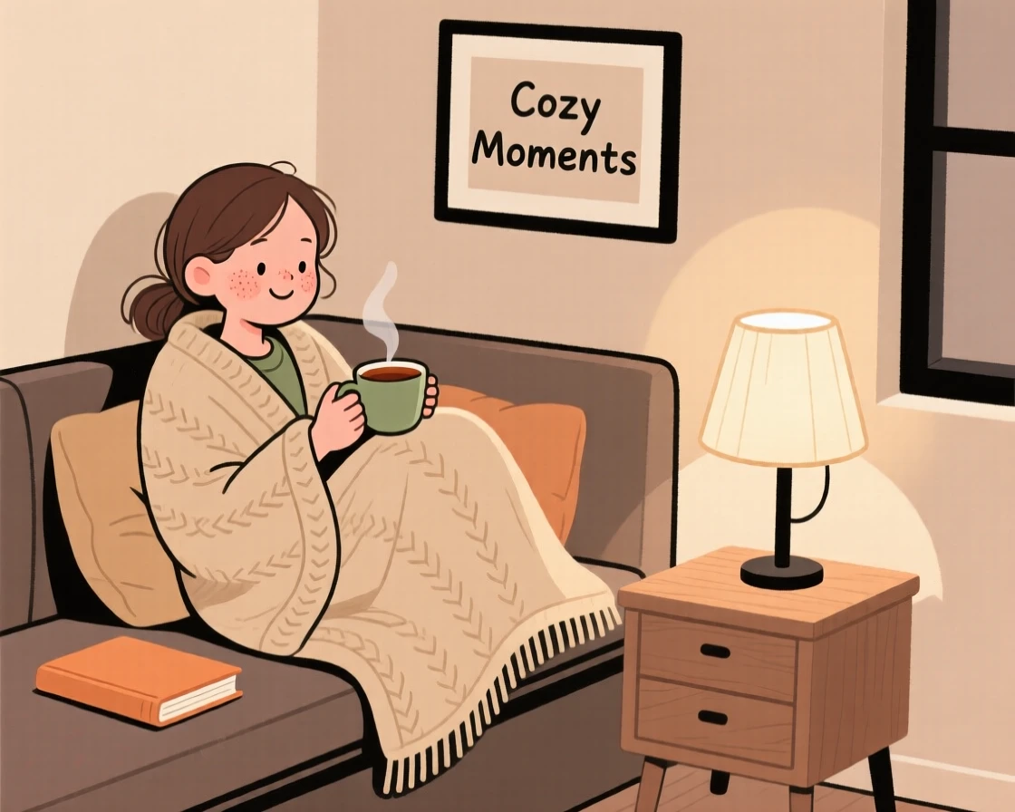 A young woman curls up in a reading nook beside a softly glowing lamp, wrapped in a woolen throw while sipping a cup of tea.