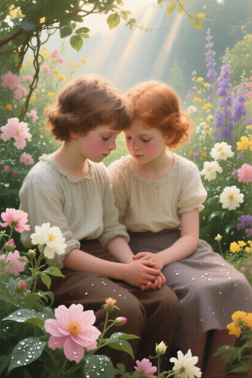An intimate close-up of a pair of childhood friends in a fragrant flower garden, filled with tender affection, in early morning light.