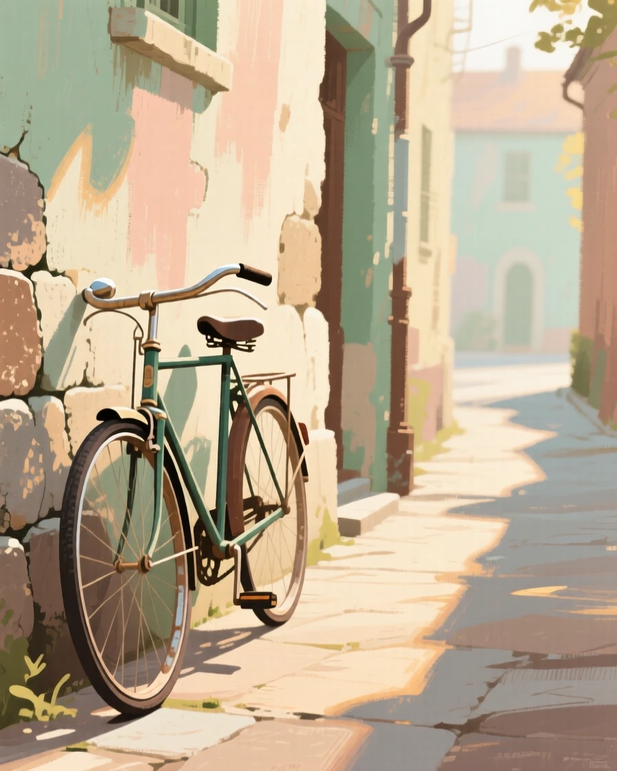 A narrow lane where an old bicycle leans against a stone wall