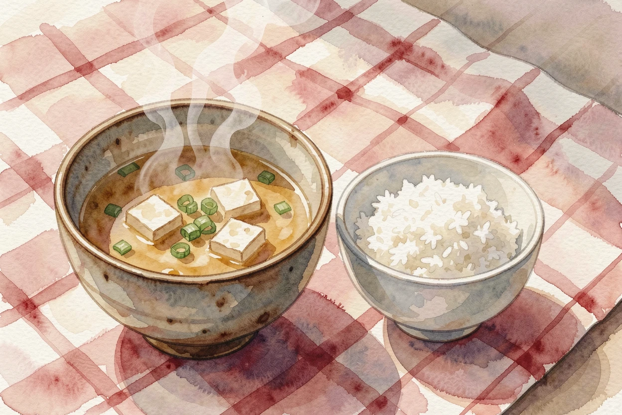 A bowl of miso soup and rice on a checkered tablecloth.