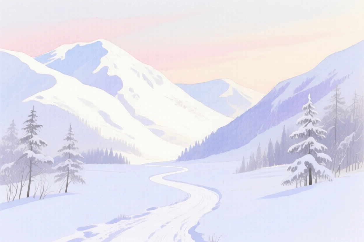 A serene view of a snowy mountain pass, while the world remains still and quiet, evoking calm and quiet reflection