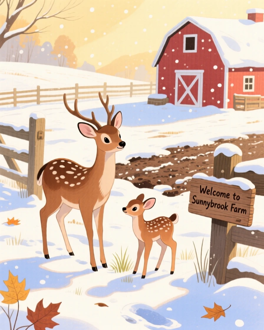 A gentle deer and her fawn exploring a sunlit farmyard in the first snow of winter.