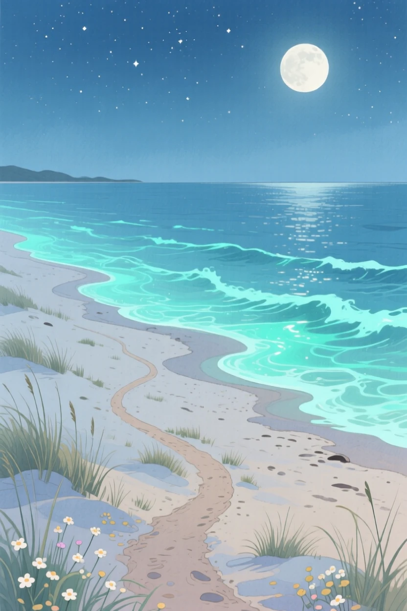A moonlit beach with gentle bioluminescent waves, with a winding dirt path disappearing into the distance, filled with quiet majesty and stillness.