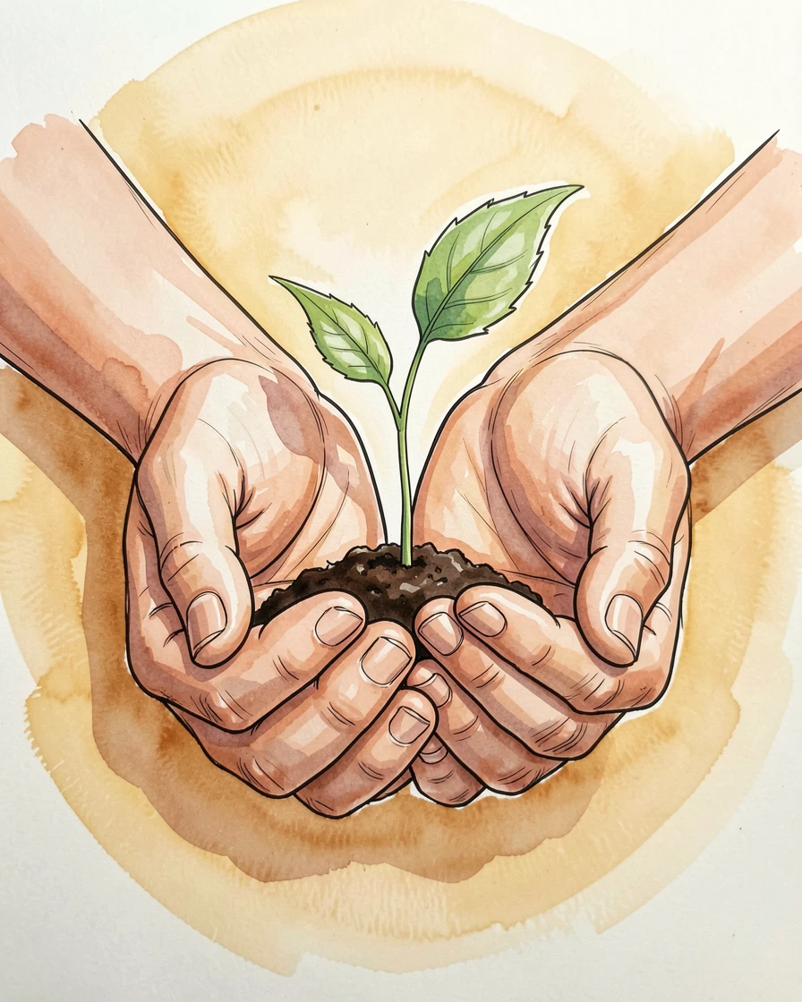 A pair of hands cupped gently around a small sprouting seedling, warm light framing the scene with gentle optimism.