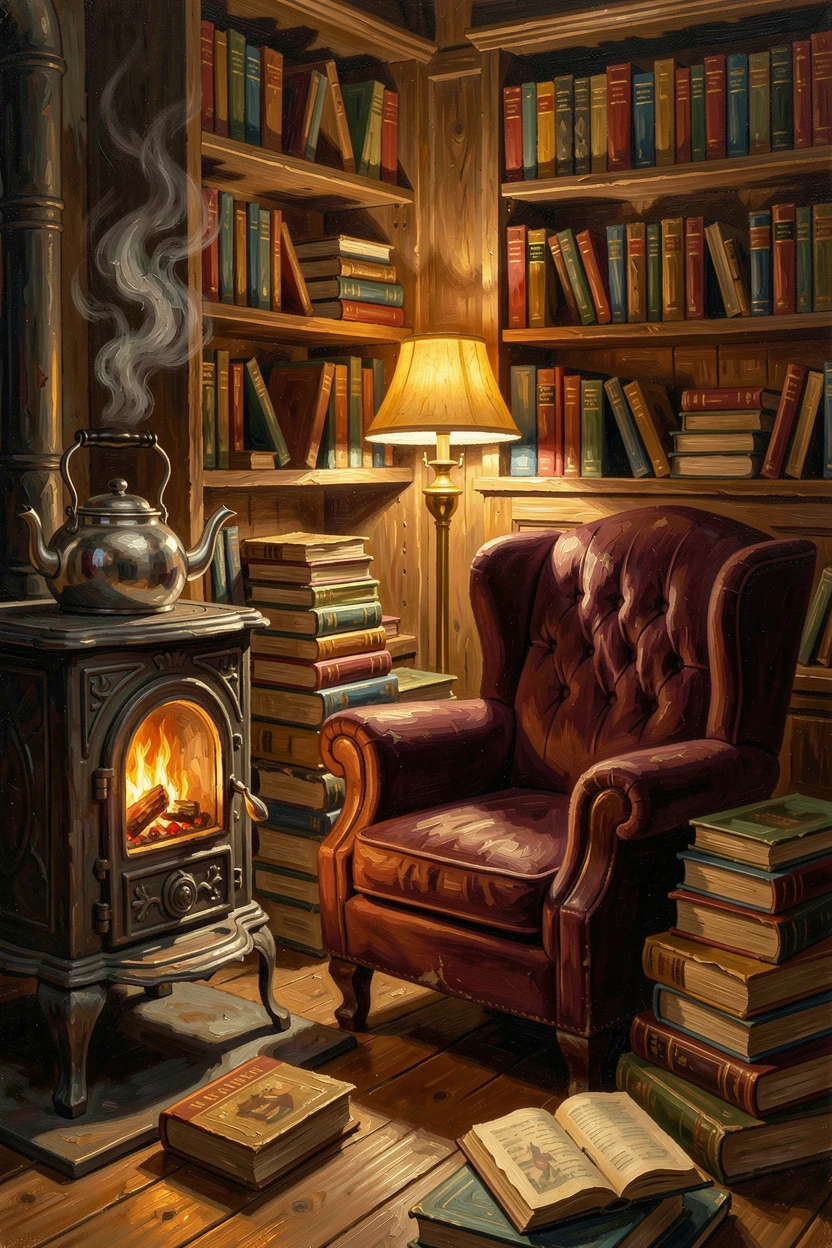 A sunlit reading nook filled with stacked books, with a steaming kettle resting on an old iron stove, a fire crackling softly in the background, beneath the warm glow of a single lamp at night.