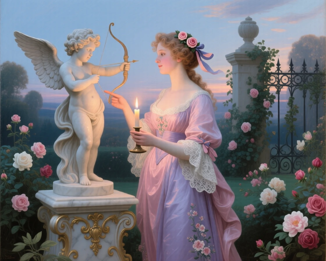 A young woman holding a candle beside a statue of Cupid at dusk  
