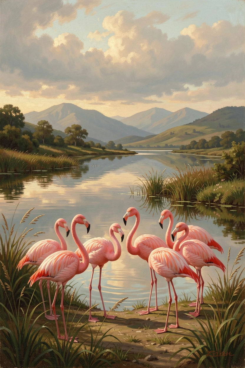 A flock of flamingos watches over a shallow, mirror-still lagoon while the wind stirs the grass.