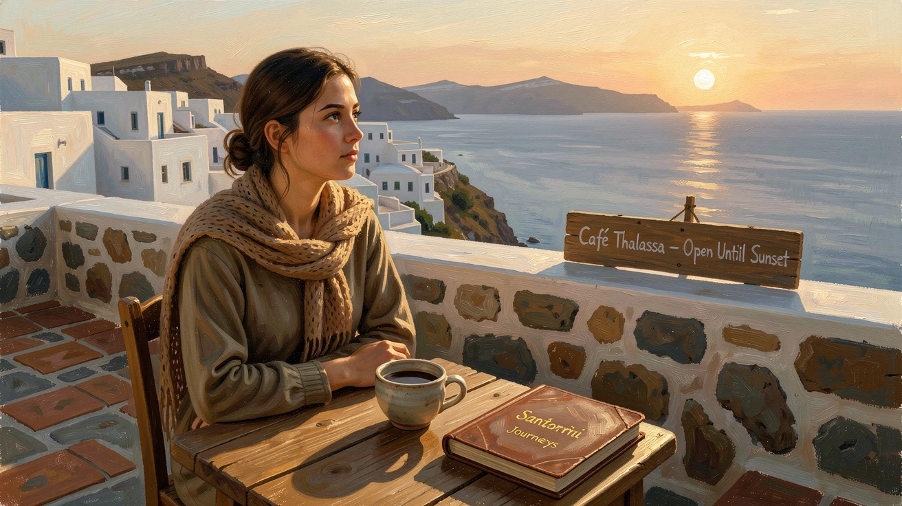 A solo traveler watching the sunset from a rooftop café in Santorini, as the thrill of discovery radiates through the entire composition, designed to transport the viewer straight into the journey