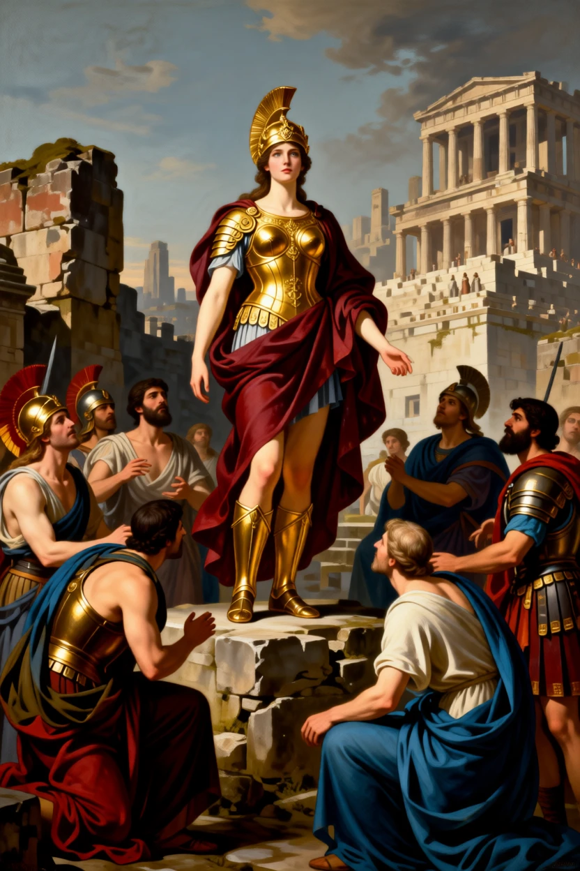 The goddess Athena descending from Olympus in radiant armor at the height of a decisive and unforgettable moment, set amid the ruins of a fallen citadel, with gilded armor catching the light and rich fabrics billowing in the wind; the composition centers the hero in a pyramid of surrounding figures, capturing the timeless clash of glory and mortality.
