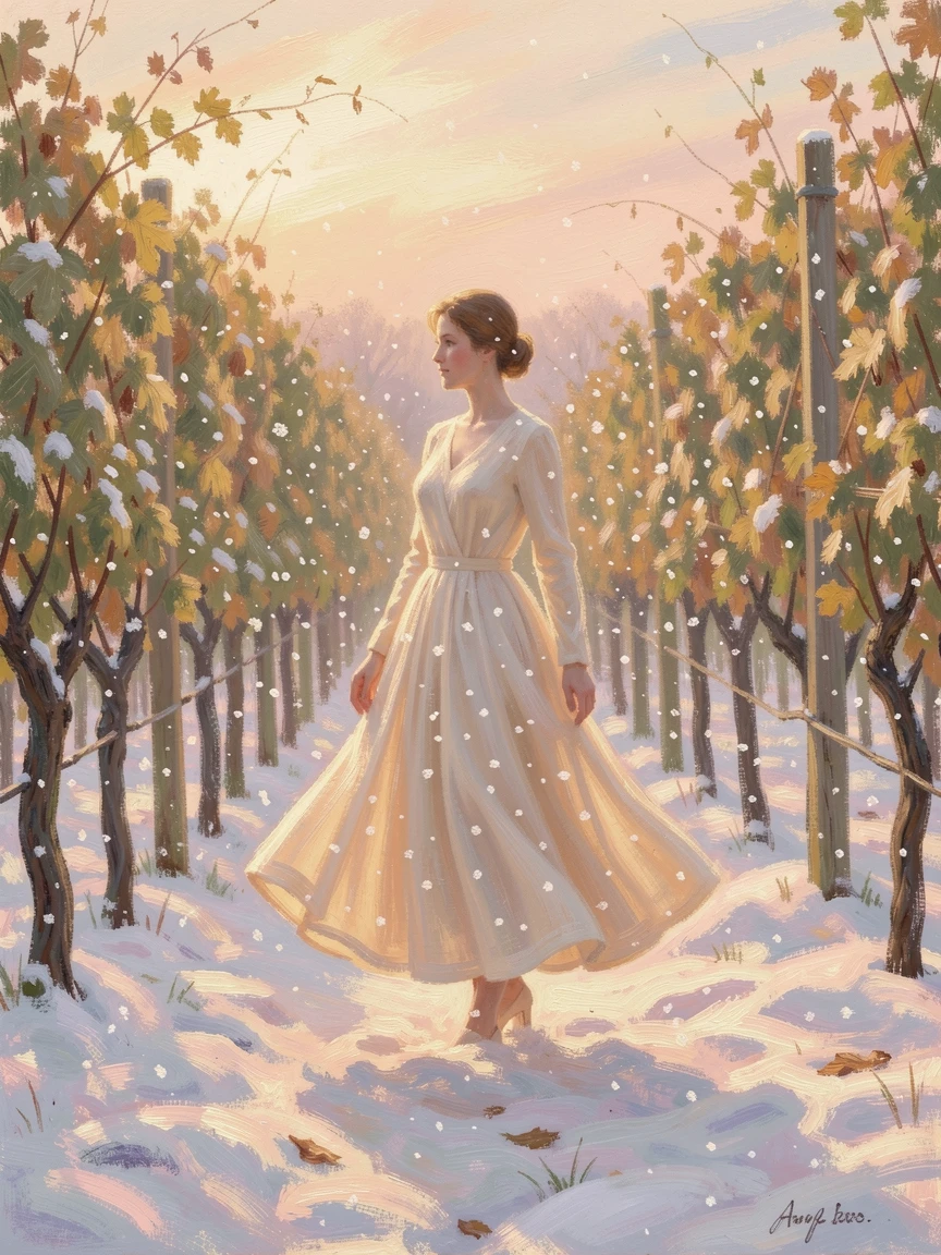 A woman in a flowing dress walking through a sunlit vineyard at golden hour, amid a gentle winter snowfall, inspiring awe at the beauty of the scene.