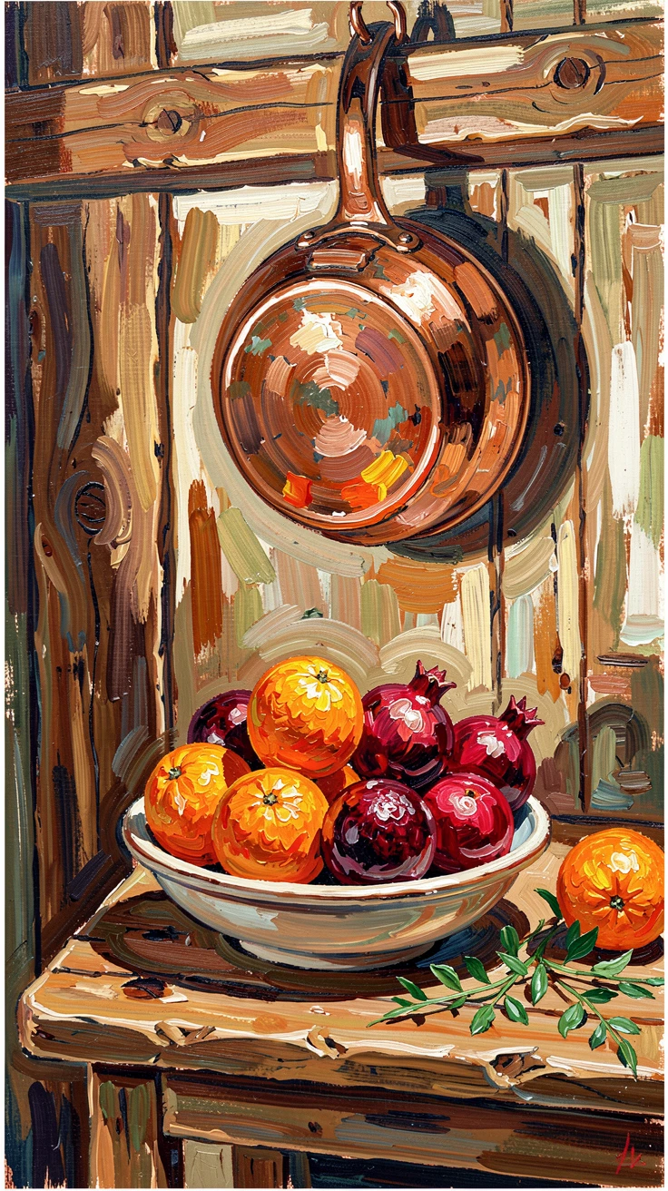 A bowl of oranges and pomegranates arranged beneath a hanging copper pot in a rustic kitchen.