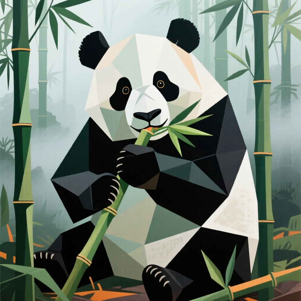 A giant panda munching bamboo in a misty bamboo forest.