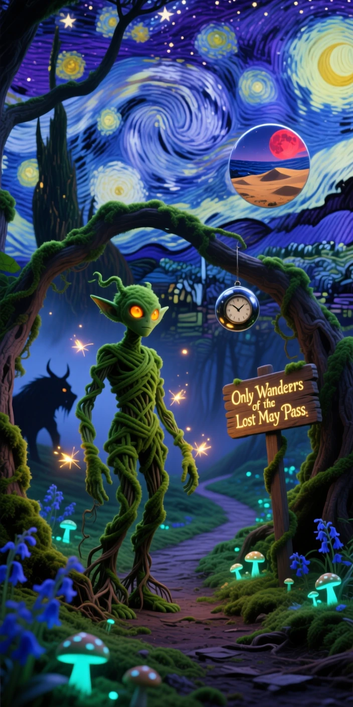 A small forest spirit made of moss and drifting fireflies guards a hidden path that few have ever found, as the whole scene glows faintly under a starlit sky.