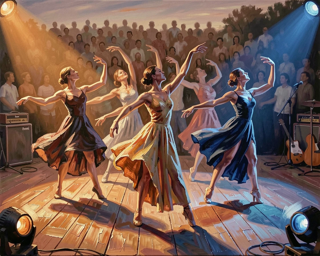 A modern dance troupe performs an experimental piece on an outdoor stage, dramatic lighting casting long shadows across their synchronized movements, the atmosphere charged with music, movement, and a shared sense of celebration.
