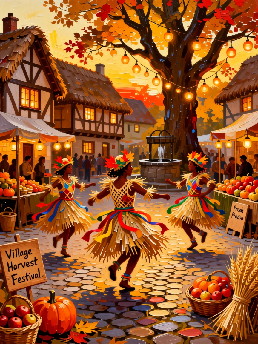 A traditional harvest festival with dancers in straw costumes celebrating in a village square