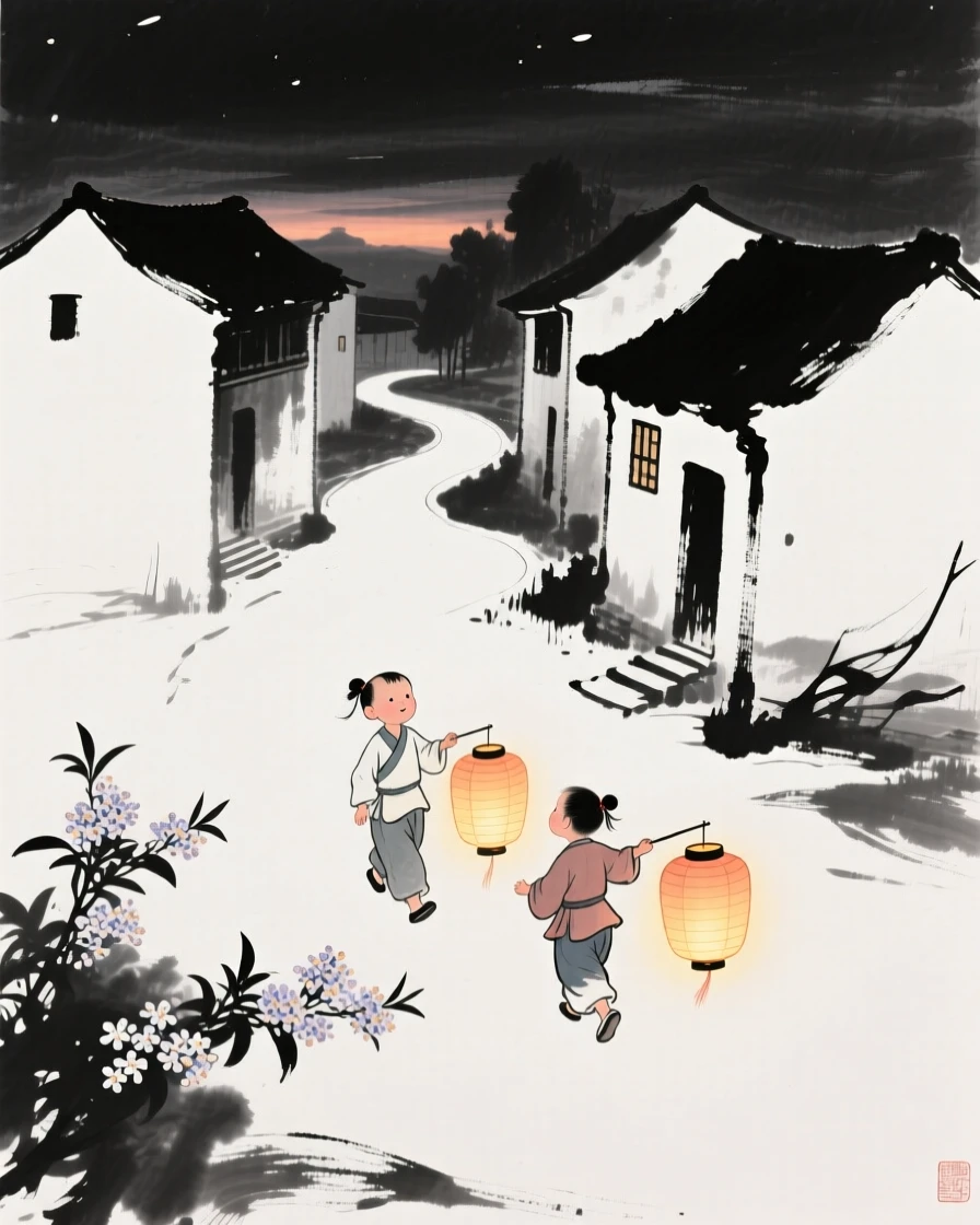 Children carry glowing paper lanterns through a village at dusk, with the scent of osmanthus flowers filling the night air.