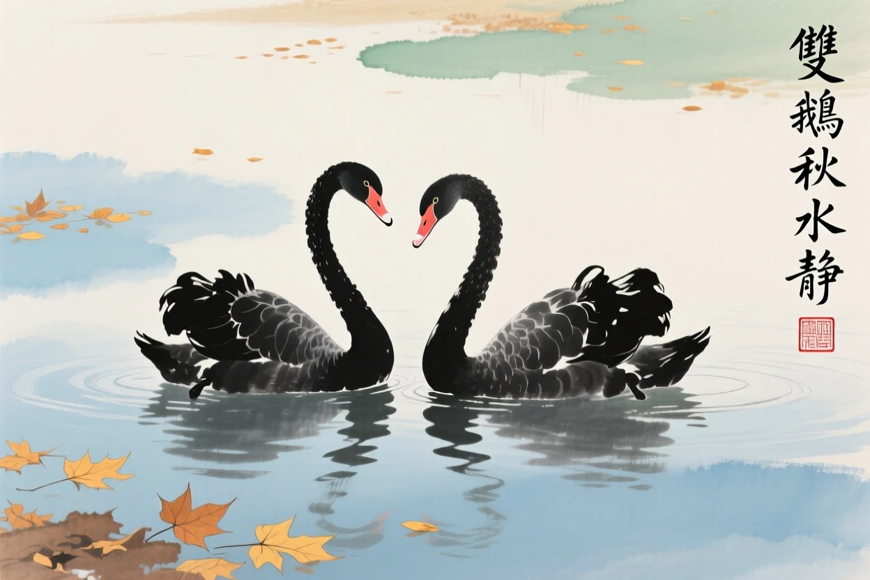 A pair of swans gliding side by side across a quiet lake, as autumn leaves turn golden.