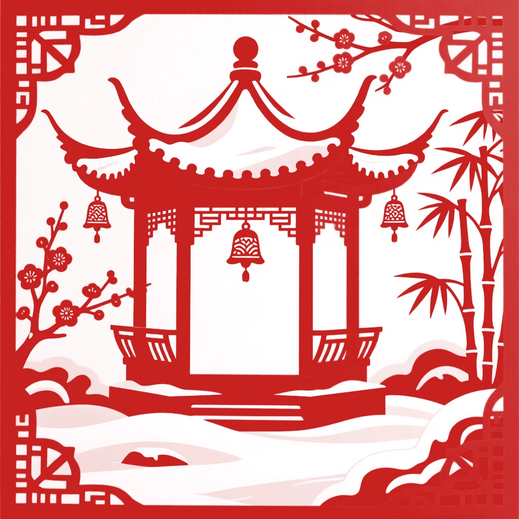 A garden pavilion, under a blanket of fresh winter snow, its rooftop bells chiming softly in the breeze.