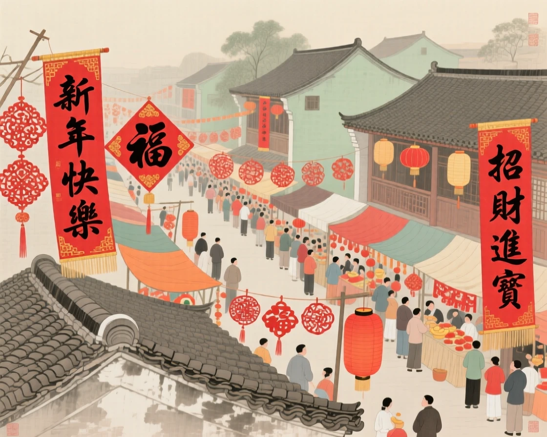 A New Year's market filled with red banners and paper decorations, viewed from a quiet rooftop above the celebration
