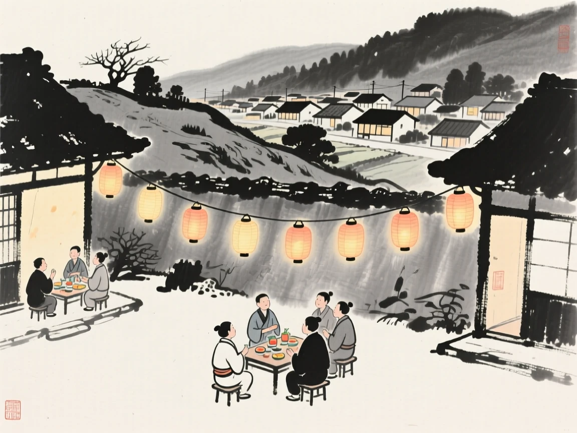 A New Year gathering with lanterns lit along a courtyard on a hillside overlooking the village below, framed to capture both intimate detail and the wider atmosphere, conveying cozy stillness and seasonal wonder.
