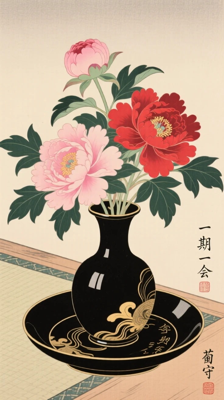 A vase of blooming peonies displayed on a lacquered dish.