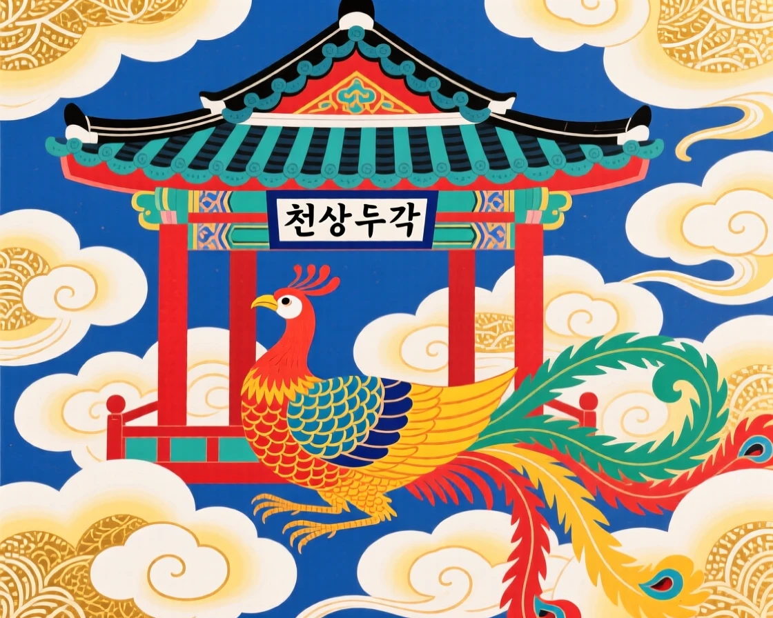 A celestial pavilion where a phoenix rests among clouds tinged with gold.