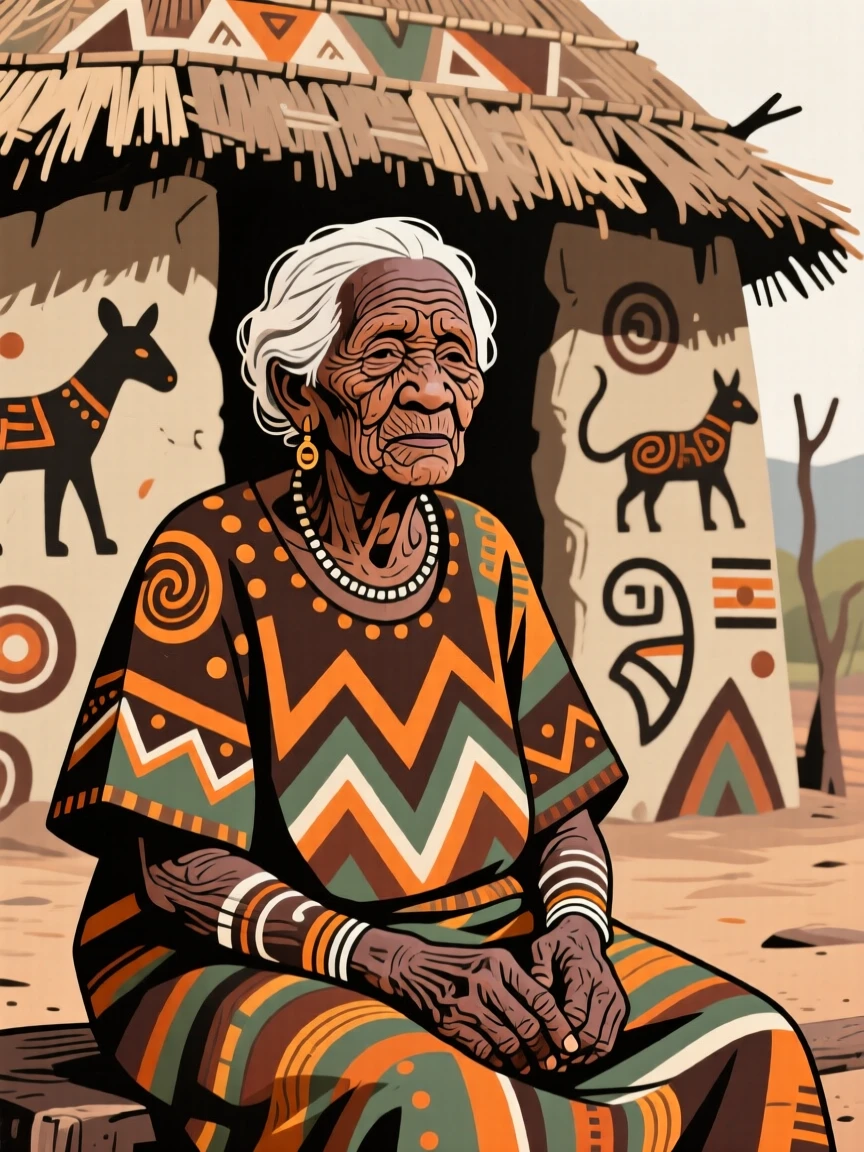 A wrinkled grandmother gathered together in front of a village hut.