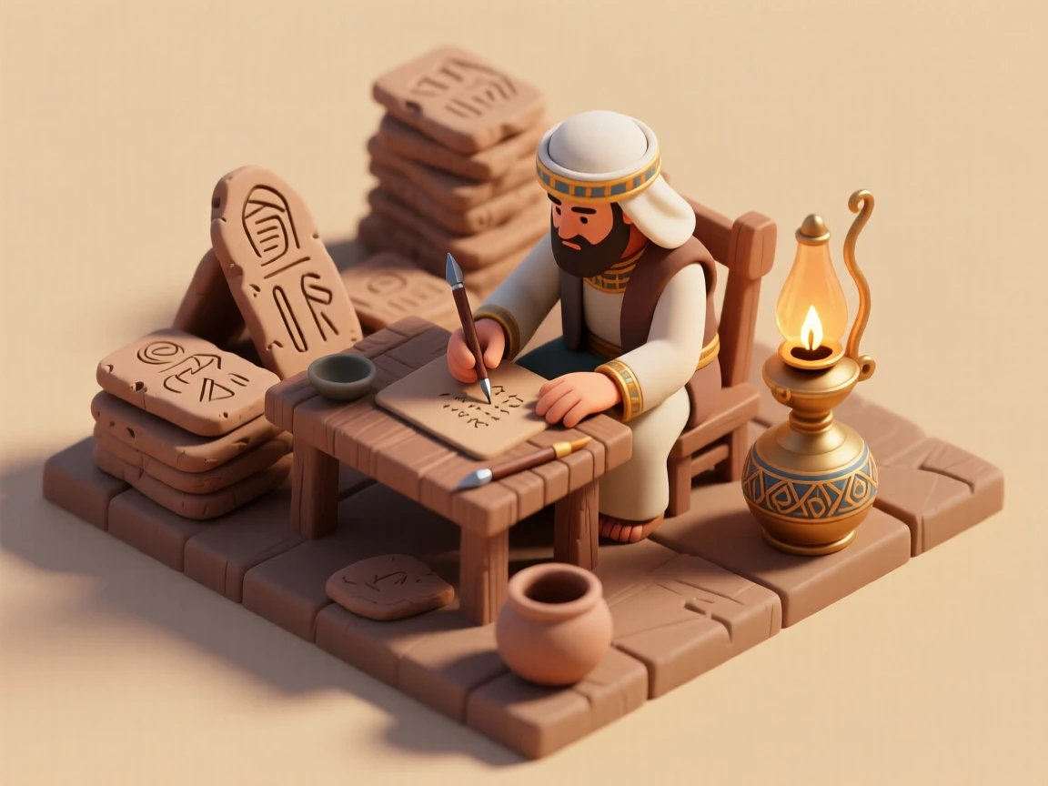 An ancient Mesopotamian scribe's workshop with clay tablets being inscribed by cuneiform styluses under an oil lamp.