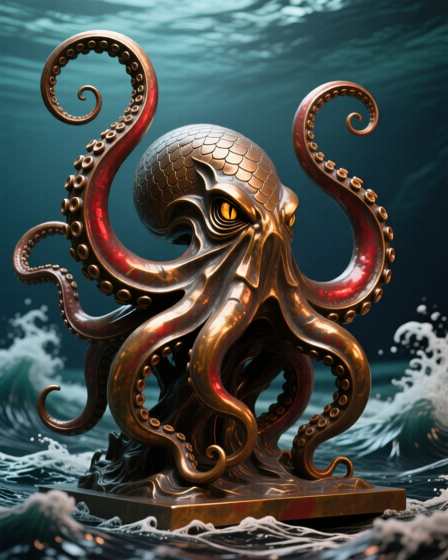 A fierce kraken rising from the deep, with an aura of ancient power, radiating awe and grandeur