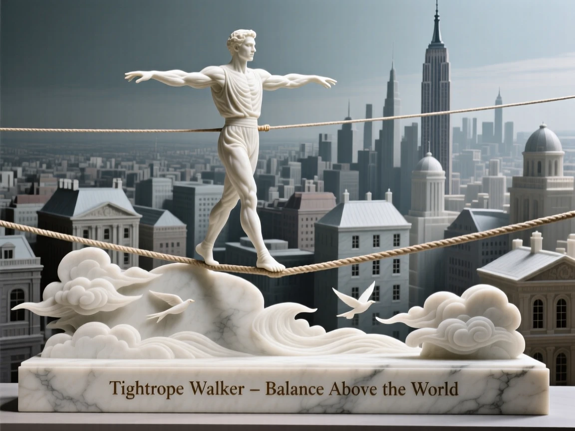 A beautifully composed image of a tightrope walker balanced high above a city, captured with cinematic depth and detail, full of atmosphere and visual storytelling