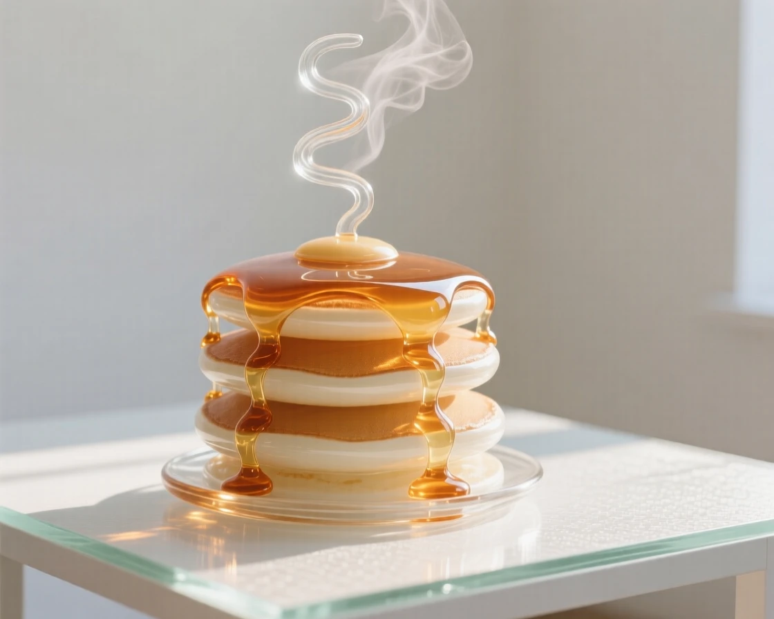 A towering stack of pancakes drizzled with syrup as steam rises gently into the morning air, while sunlight catches the surface of the table
