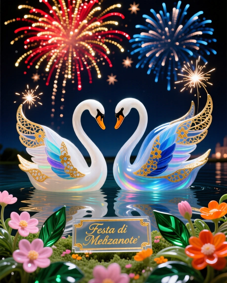 A pair of swans gliding beneath fireworks bursting above a blossoming garden at midnight, celebratory and dazzling.