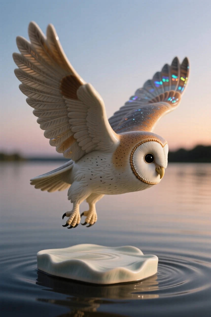 A barn owl gliding silently at dusk caught gliding low over calm water, with iridescent feathers catching the light, evoking lightness, freedom, and grace.