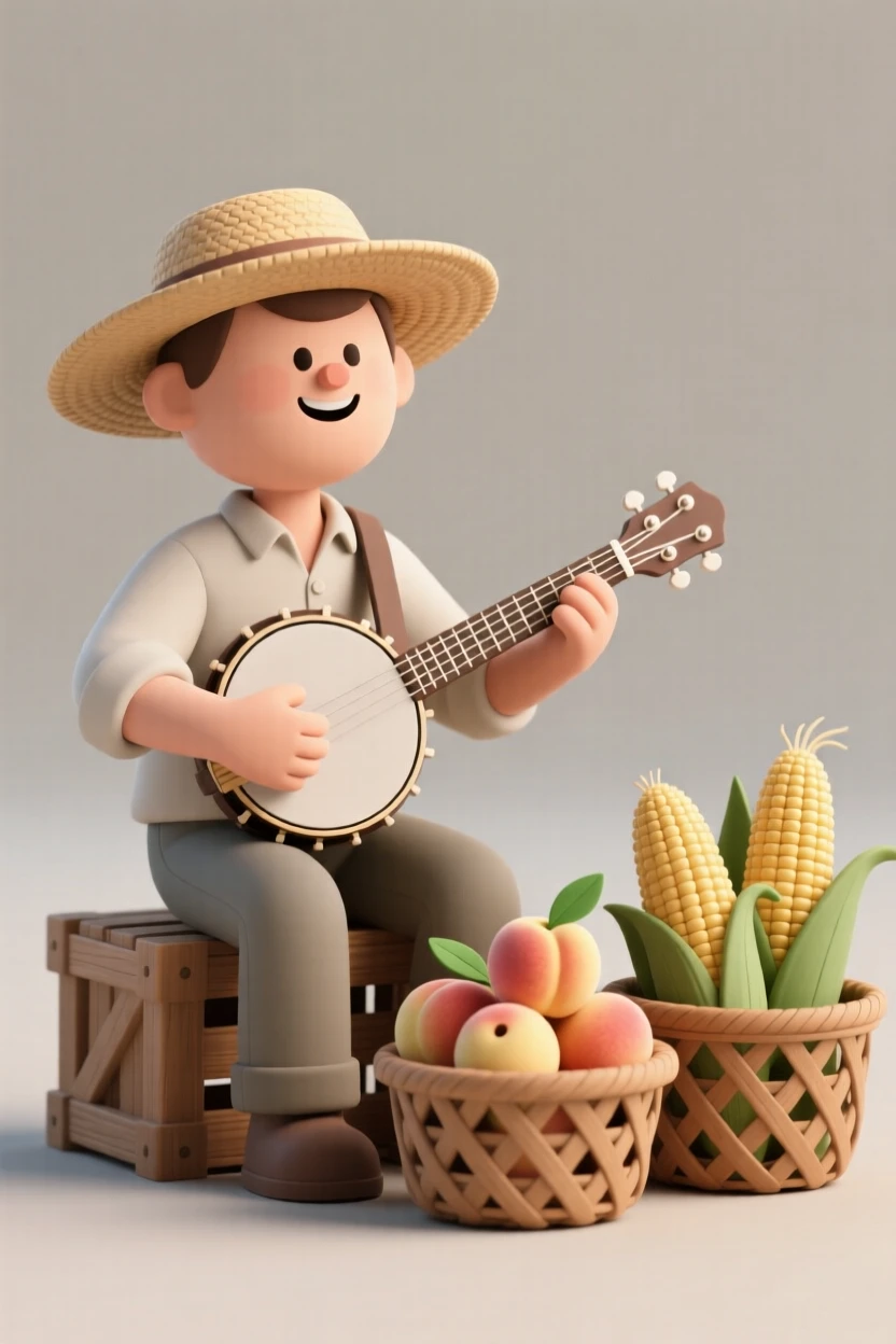 A cheerful farmer's market musician strums a banjo beside baskets of fresh peaches and sweet corn.