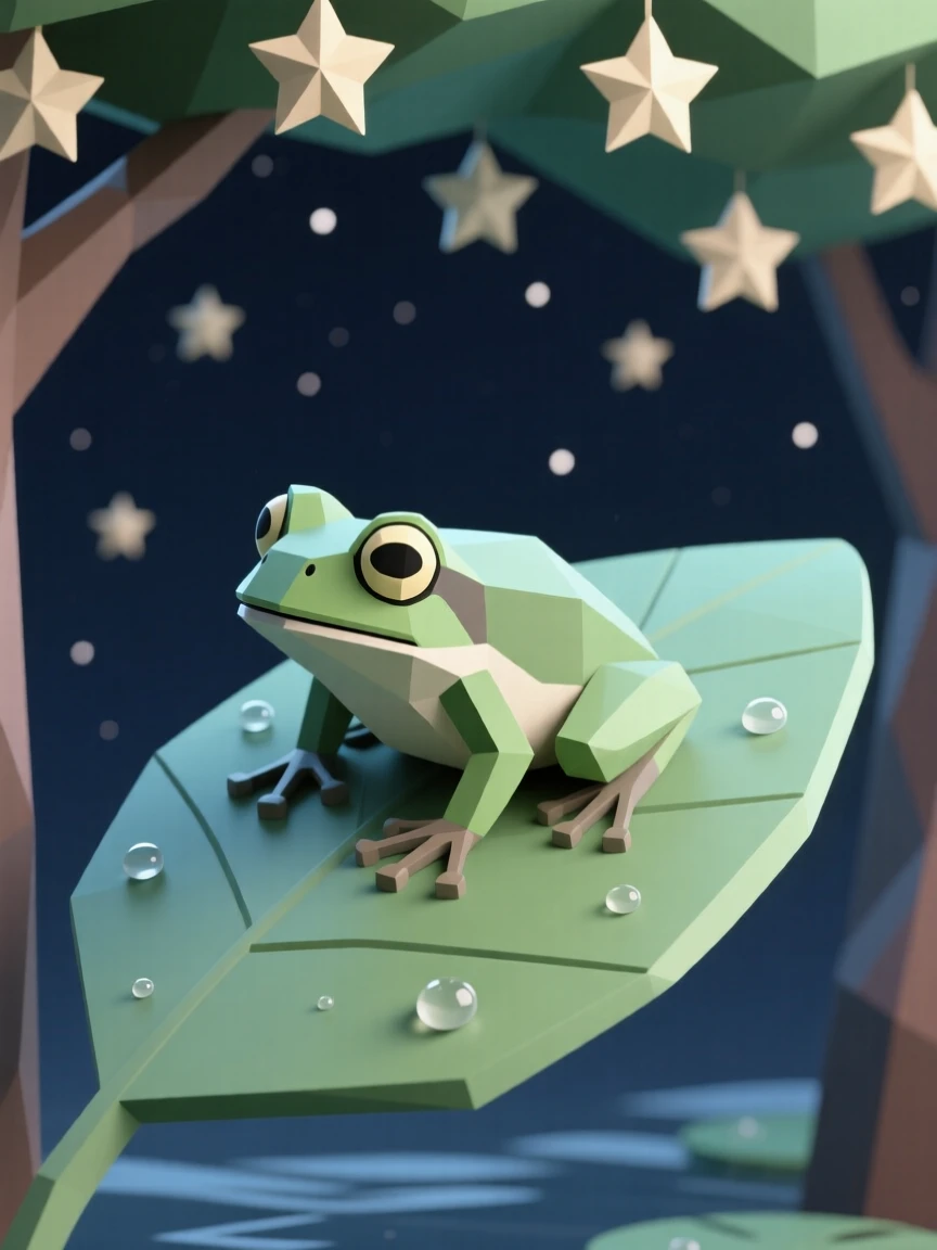 A tree frog resting on a dew-covered leaf, beneath a canopy of stars. water droplets and fine textures catch the light. The scene feels calm and majestic.