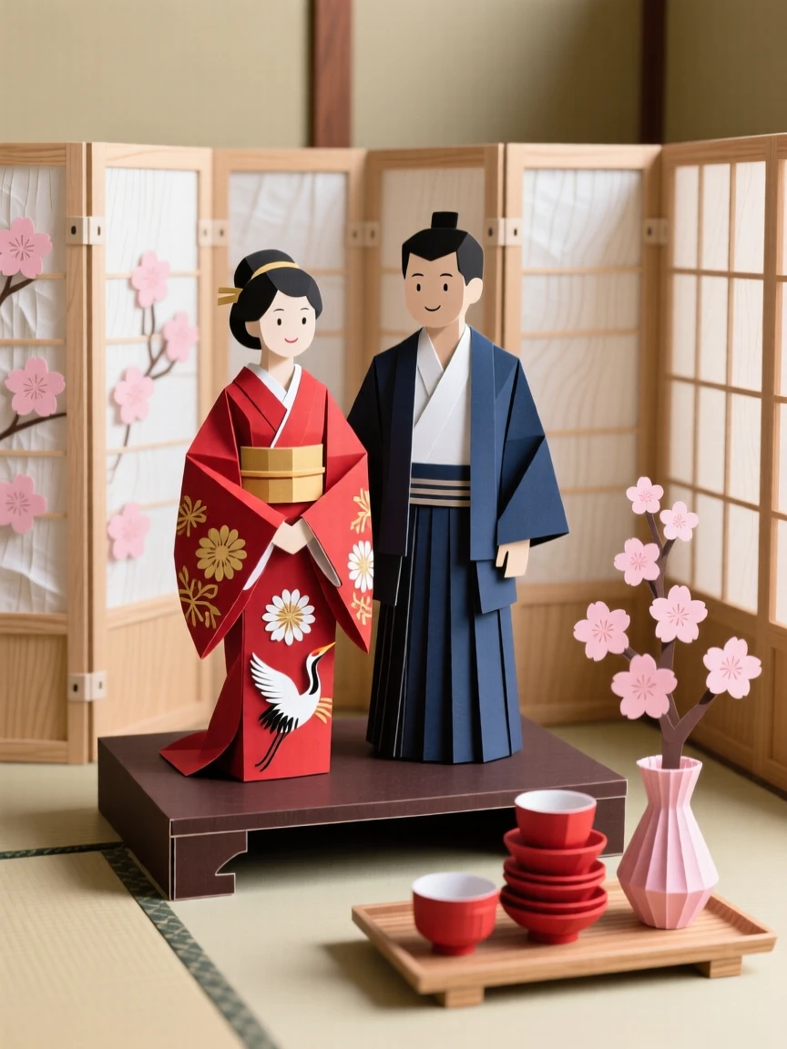 A joyous traditional wedding ceremony practiced in a tranquil paper-screened room, with vibrant colors and fabrics on display, evoking deep cultural heritage and pride.