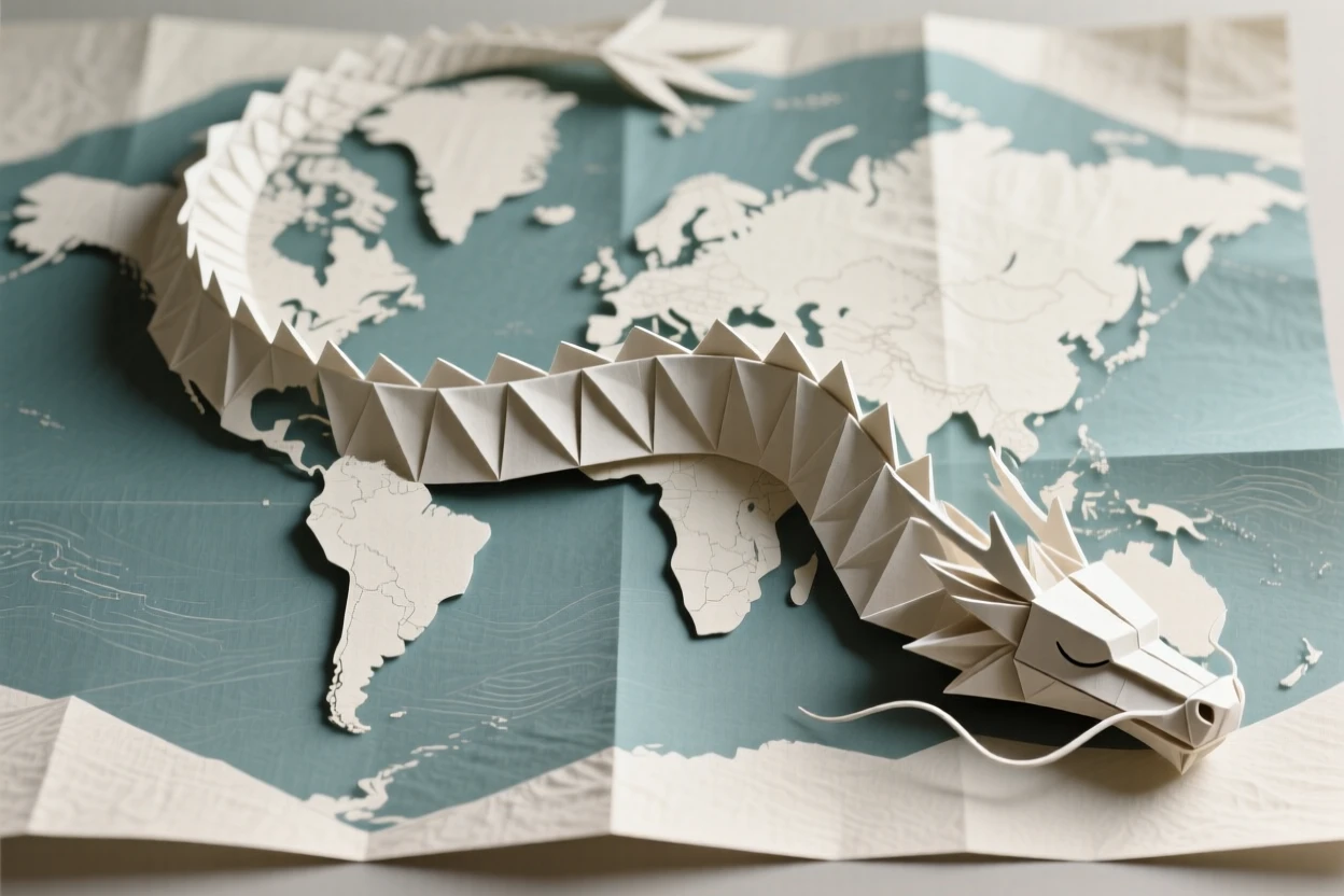 A world map where mountain ranges are formed by a sleeping dragon's spine.