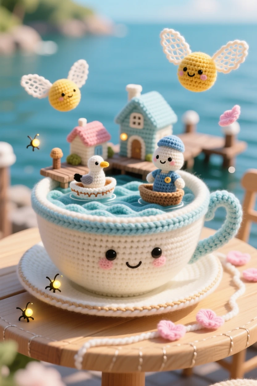 a miniature harbor built inside a giant teacup lagoon, with tiny boats gently bobbing, resting on a sunlit café table, surrounded by softly glowing fireflies, with a trail of soft floating petals, evoking a dreamlike, storybook charm.