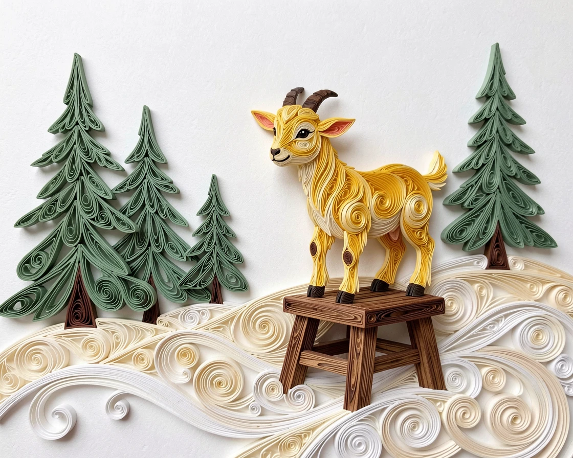 A heartwarming scene of a baby goat balancing on a small wooden stool on a snowy hillside dotted with pine trees, arranged with the subject slightly off-center for balance, in a palette of buttery yellow and sage green.