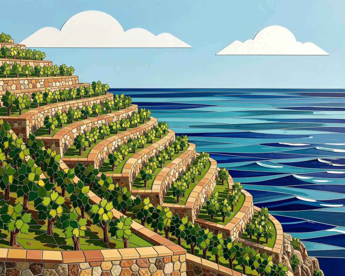 The terraced vineyards of the Amalfi Coast overlooking the sea.