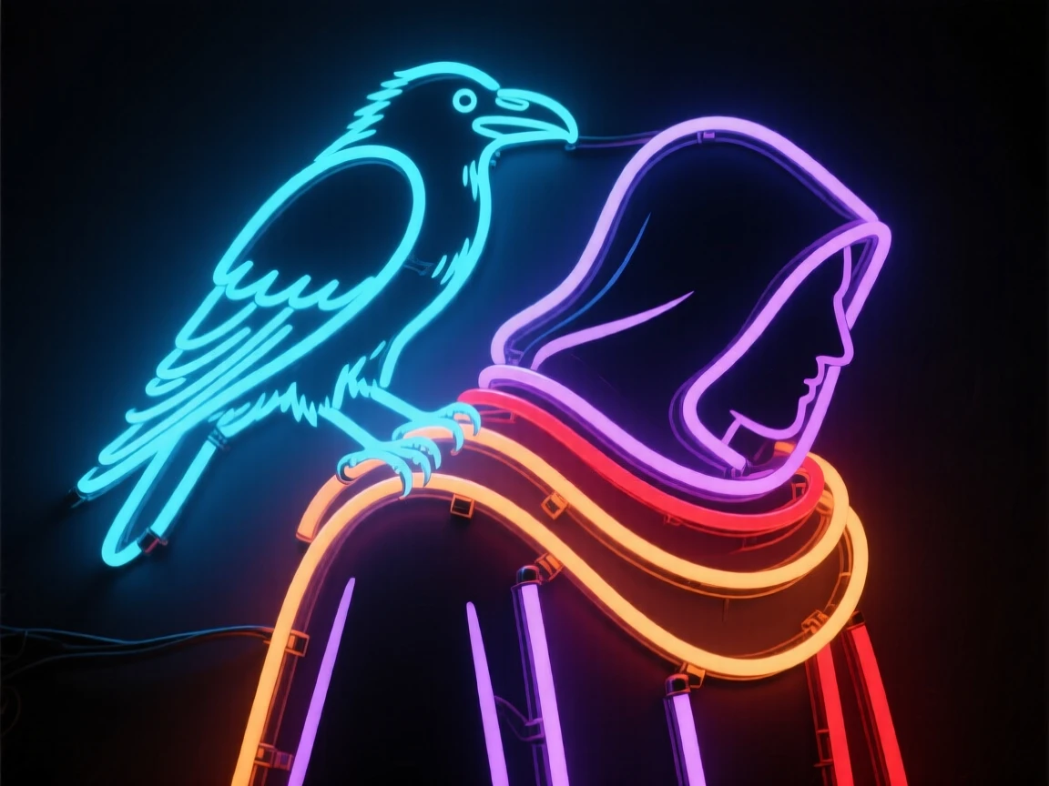 A talking raven perched on the shoulder of a cloaked traveler.
