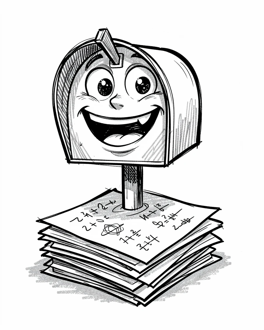 A mailbox with a big smile waiting for letters on a stack of homework.