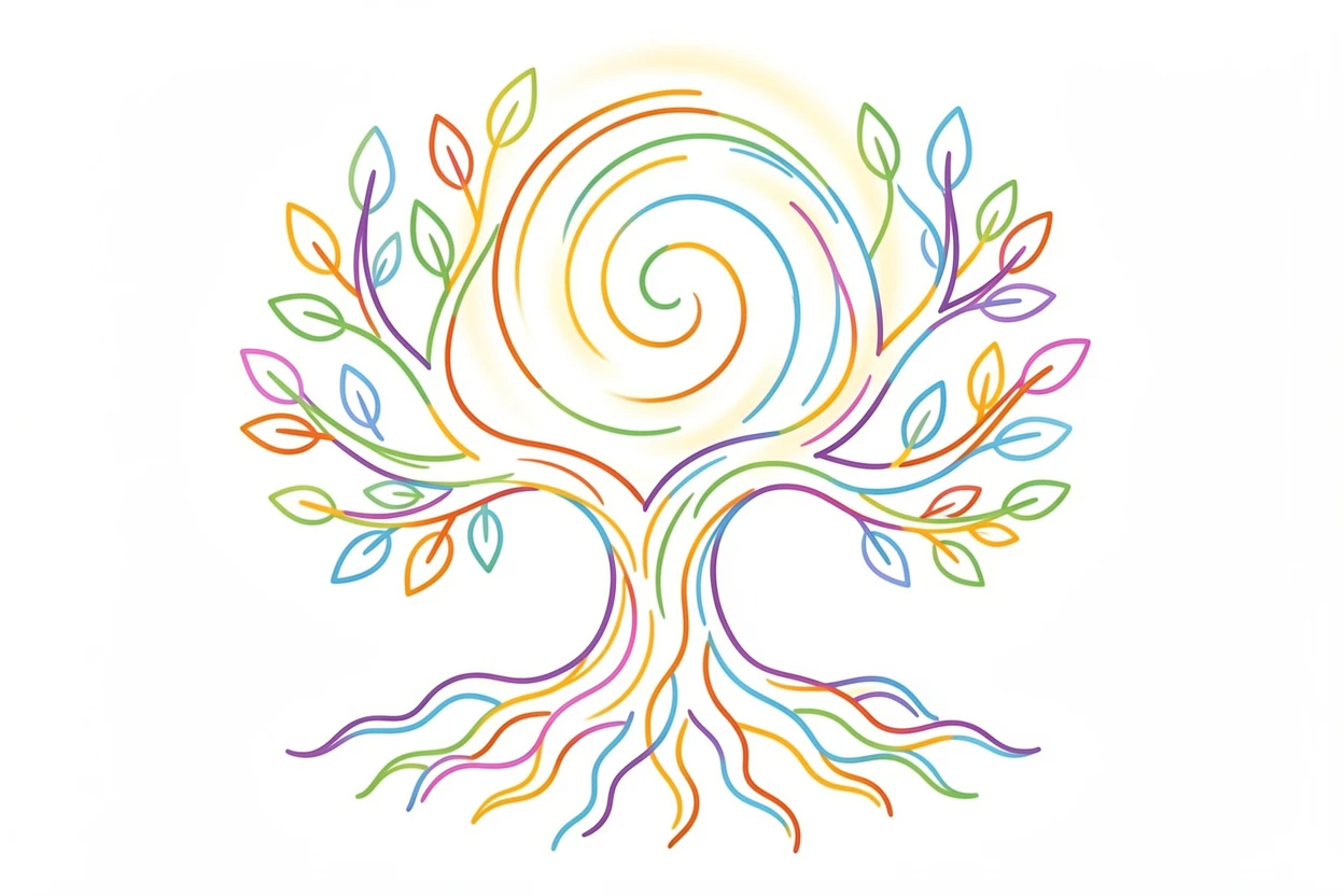 A tree of life with roots and branches spreading into a glowing spiral pattern.
