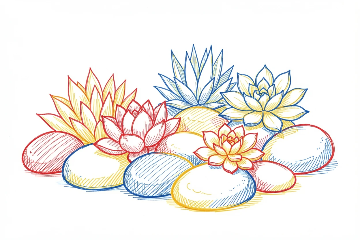 A rock garden with succulents arranged among smooth river stones
