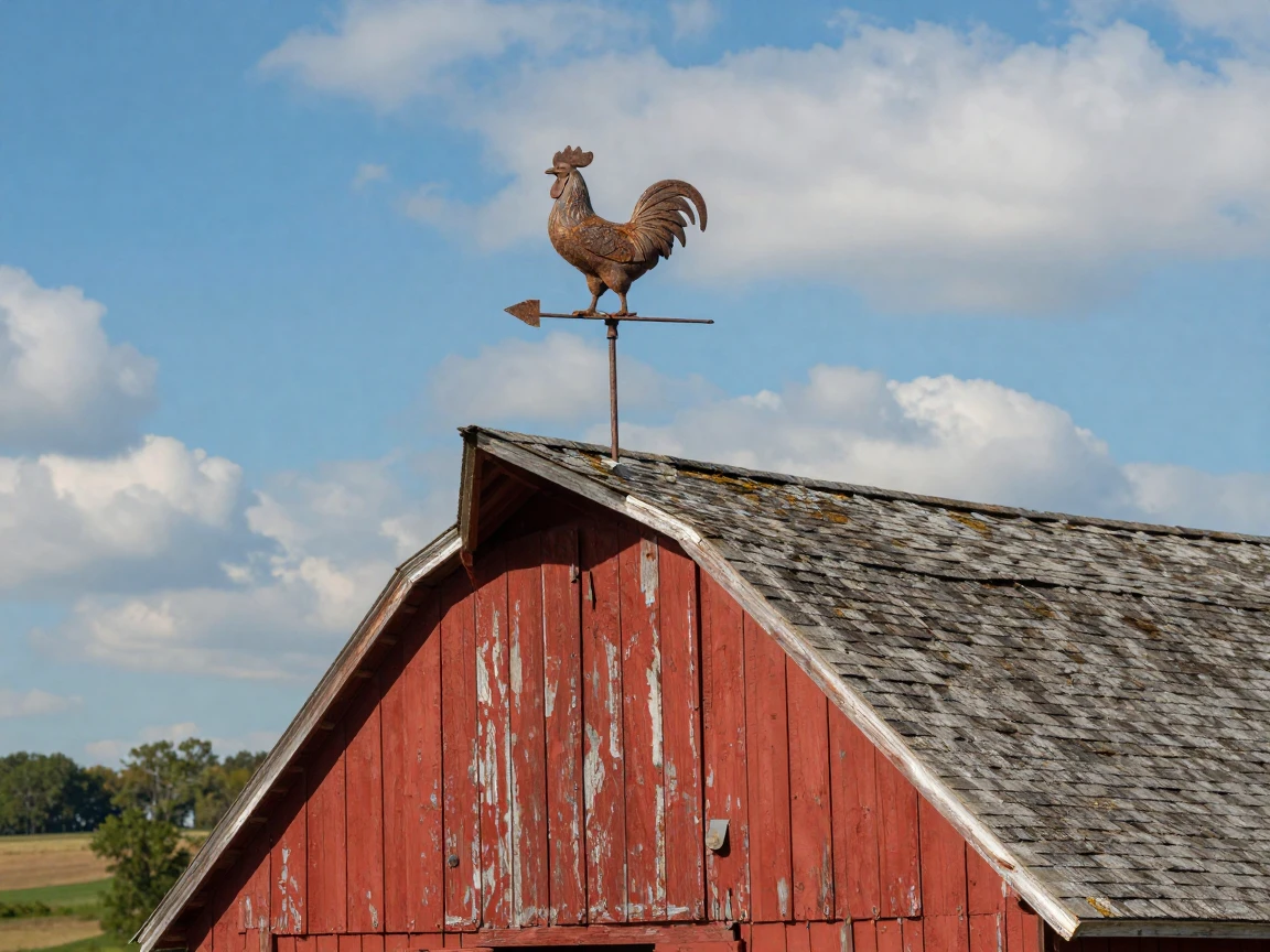 A weathervane spinning atop an old red barn