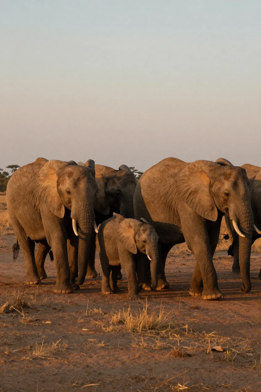 A herd of elephants crosses a dusty savanna at dusk, a calf tucked between two adults.