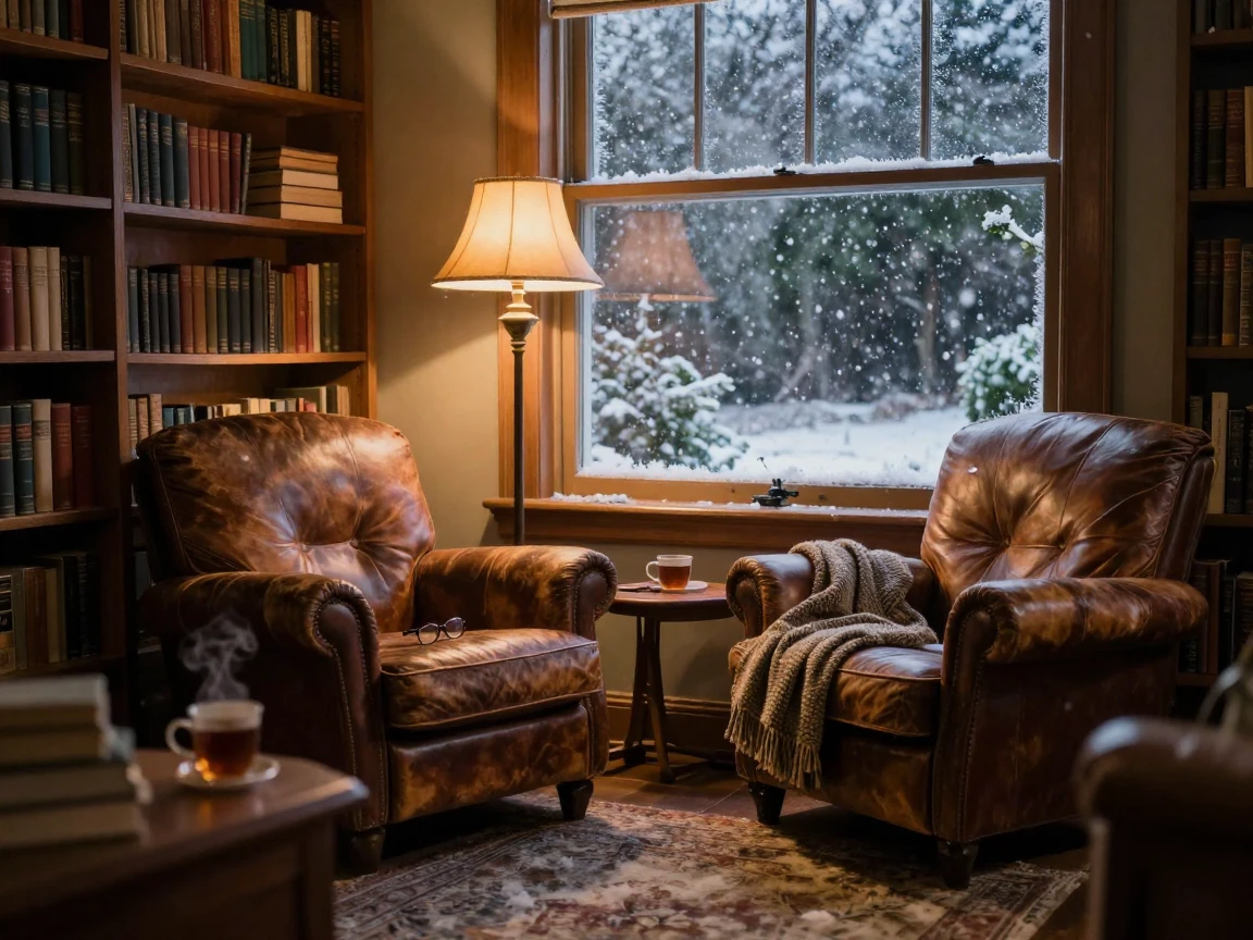 A quiet reading corner filled with worn leather armchairs, welcoming and warm, during a quiet snowfall outside