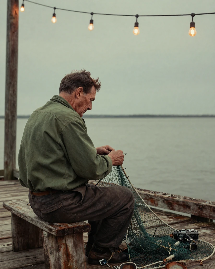 A weathered fisherman with sun-creased eyes mending a net on a wooden dock, under strings of warm string lights, in still, windless air, in early spring, with muted olive and rust colors, from behind, looking toward the horizon.