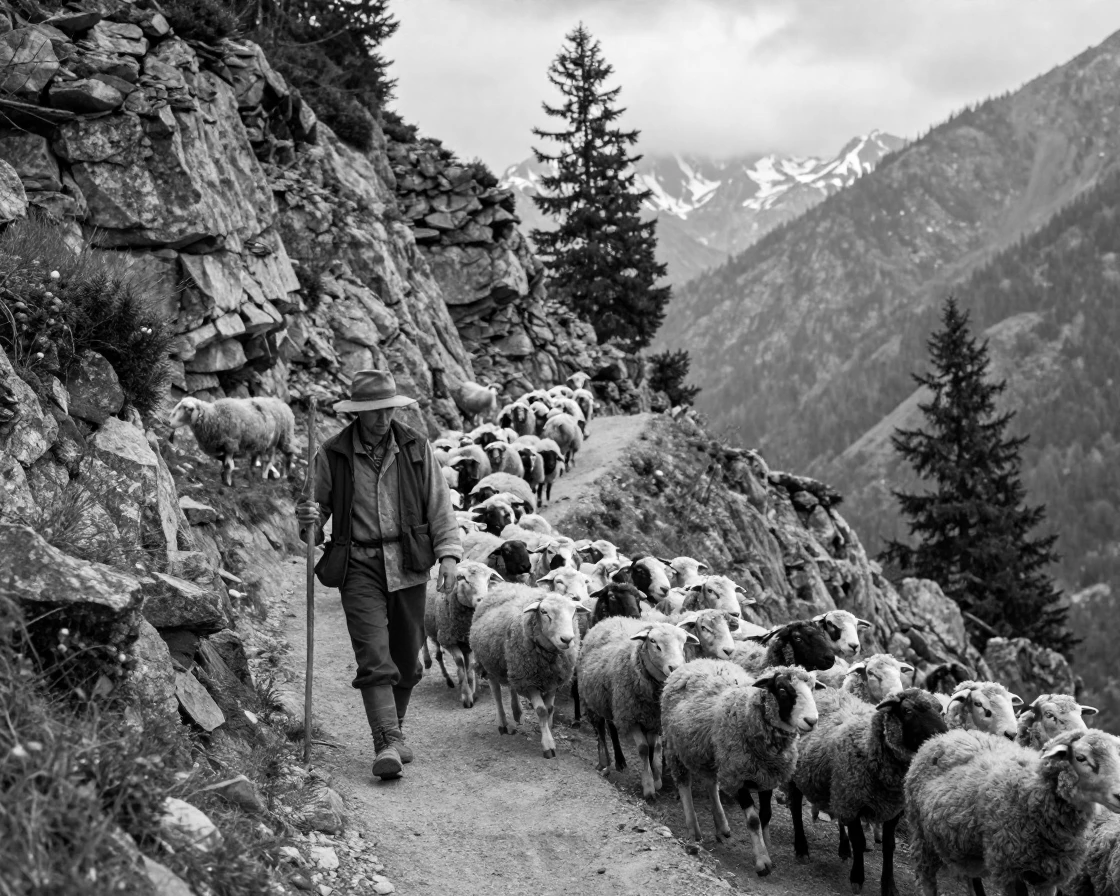 A shepherd guides a flock down a mountain path along a steep alpine trail.